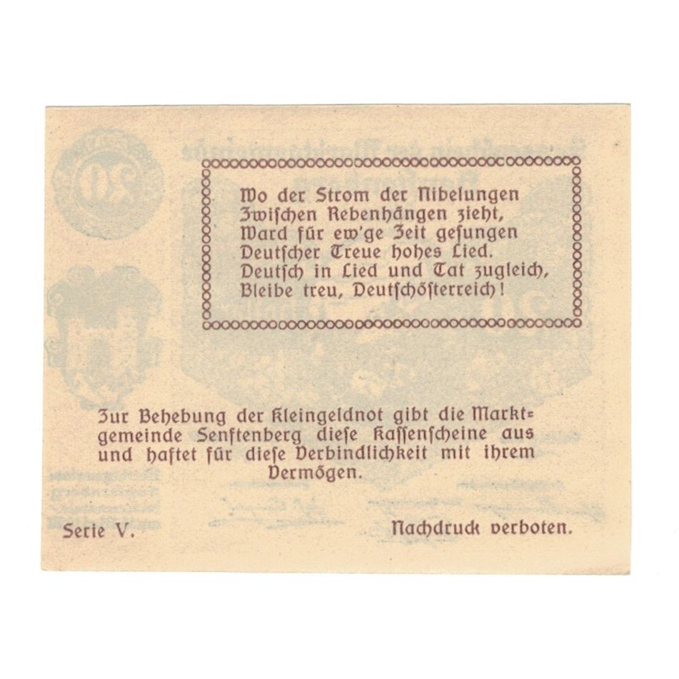 Billete, Austria, Senftenberg N.Ö. Gemeinde, 20 Heller, Texte 4, 1920