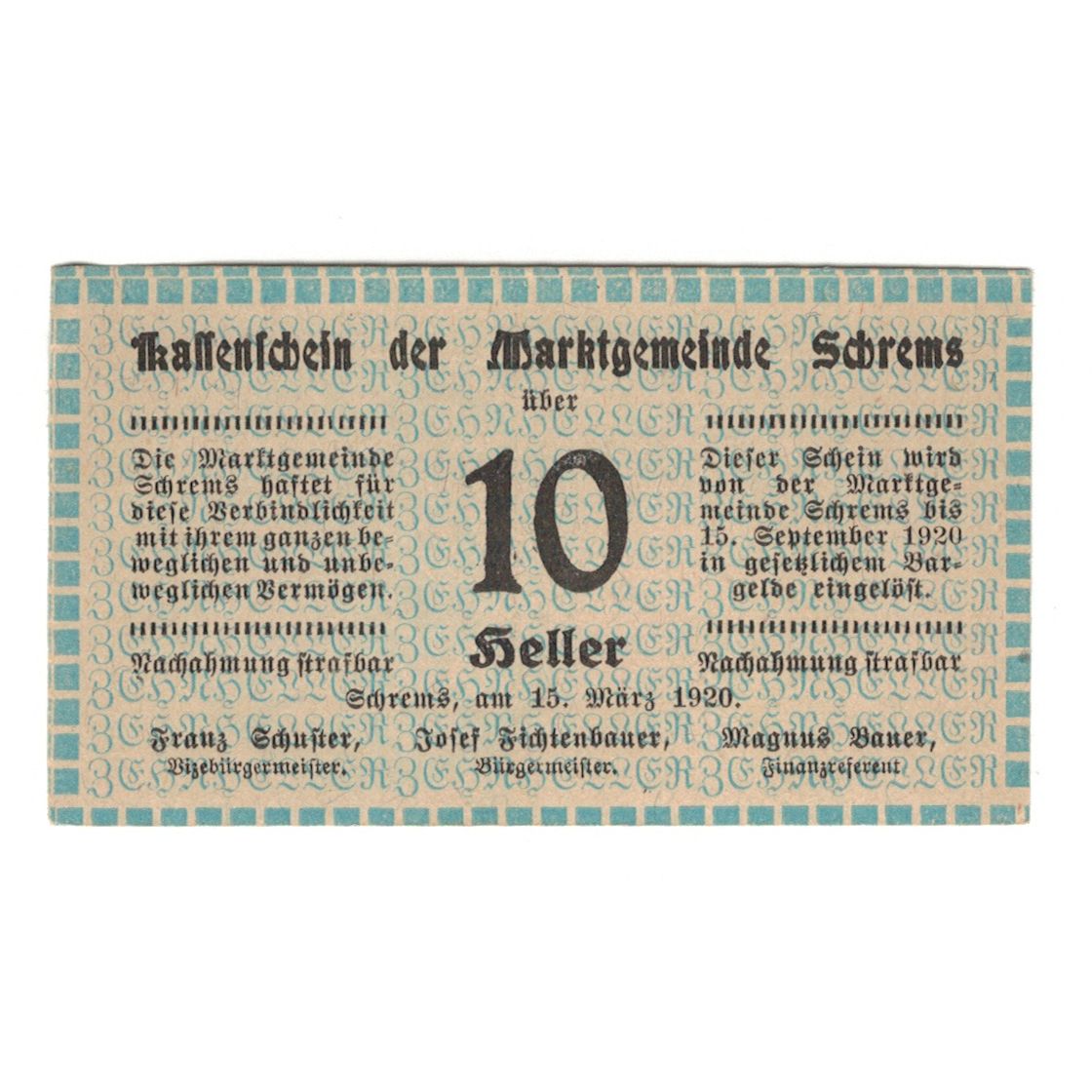 Billete, Austria, Schrems N.Ö. Marktgemeinde, 10 Heller, N.D, 1920, 1920-09-15