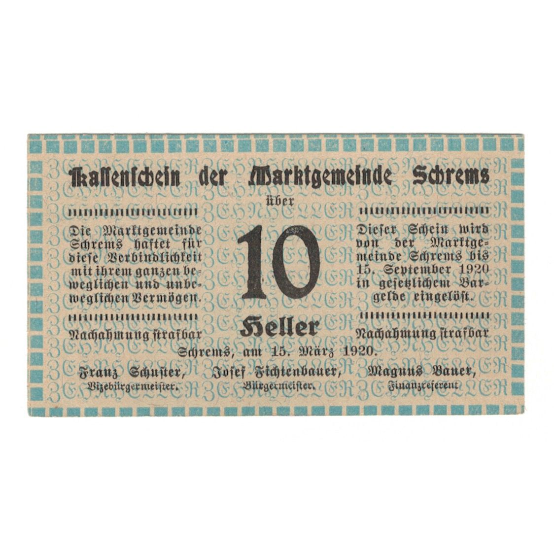 Billete, Austria, Schrems N.Ö. Marktgemeinde, 10 Heller, N.D, 1920, 1920-09-15