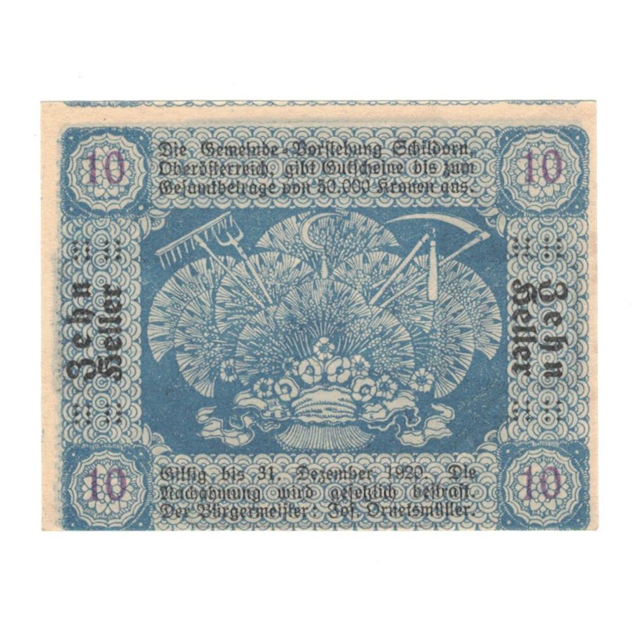 Billete, Austria, Schildorn O.Ö. Gemeinde, 10 Heller, texte 1, 1920