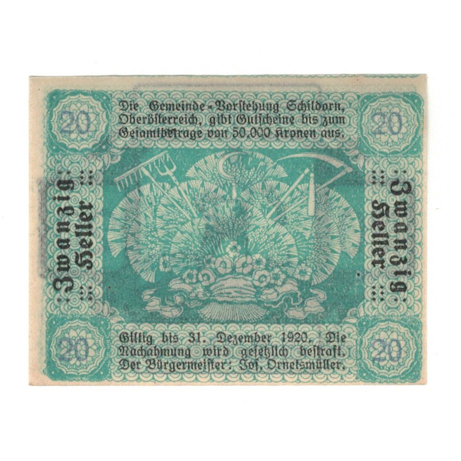 Billete, Austria, Schildorn O.Ö. Gemeinde, 20 Heller, Texte, 1920, 1920-12-31