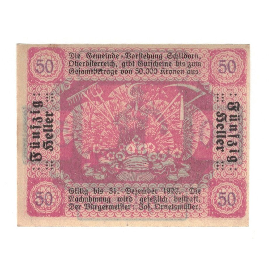 Billete, Austria, Schildorn O.Ö. Gemeinde, 50 Heller, texte 1, 1920