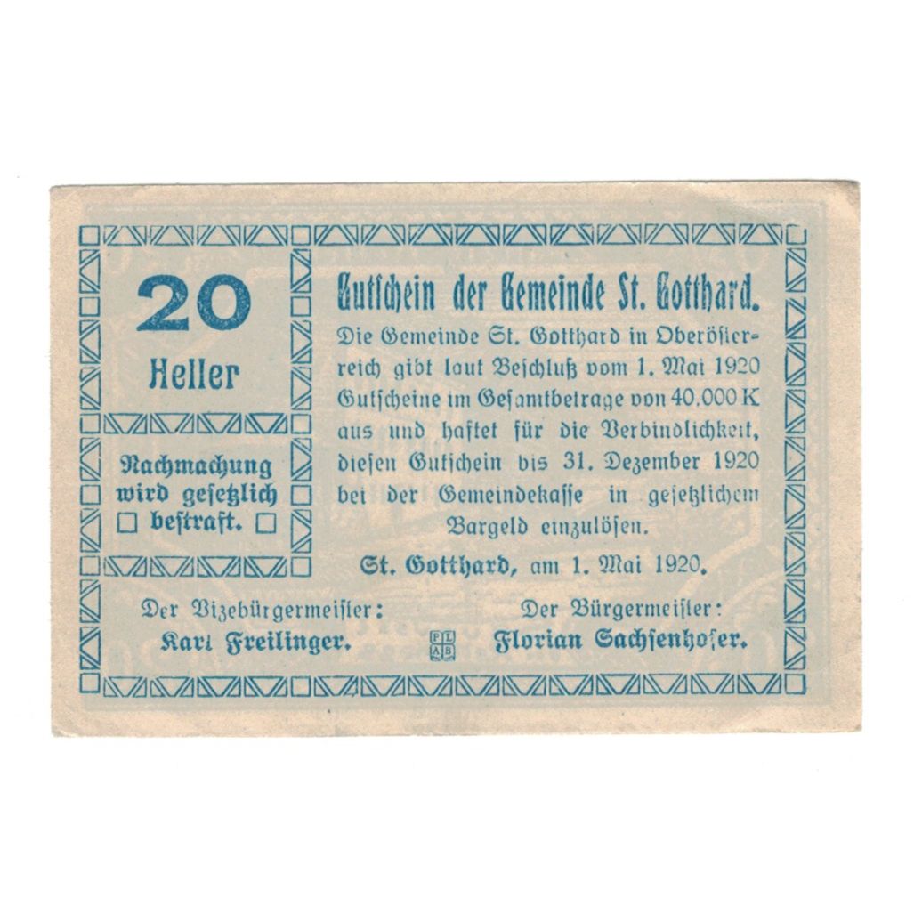 Billete, Austria, St. Gotthard O.Ö. Gemeinde, 20 Heller, texte 1, 1920