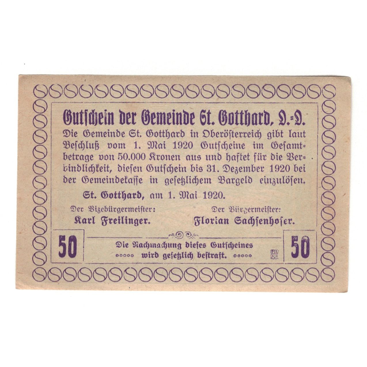 Billete, Austria, St. Gotthard O.Ö. Gemeinde, 50 Heller, texte 1, 1920