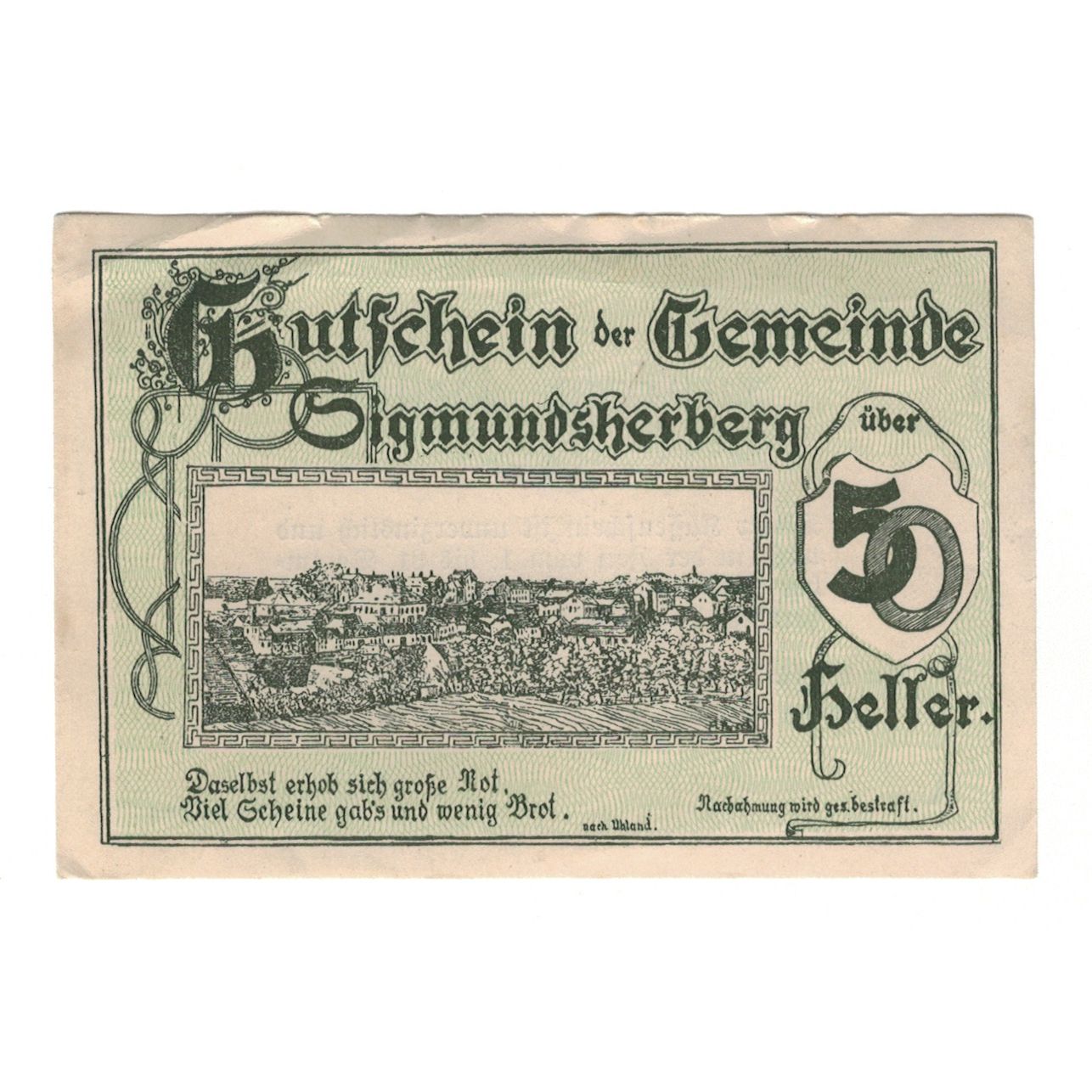 Billete, Austria, Sigmundsherberg N.Ö. Gemeinde, 50 Heller, Texte, 1920