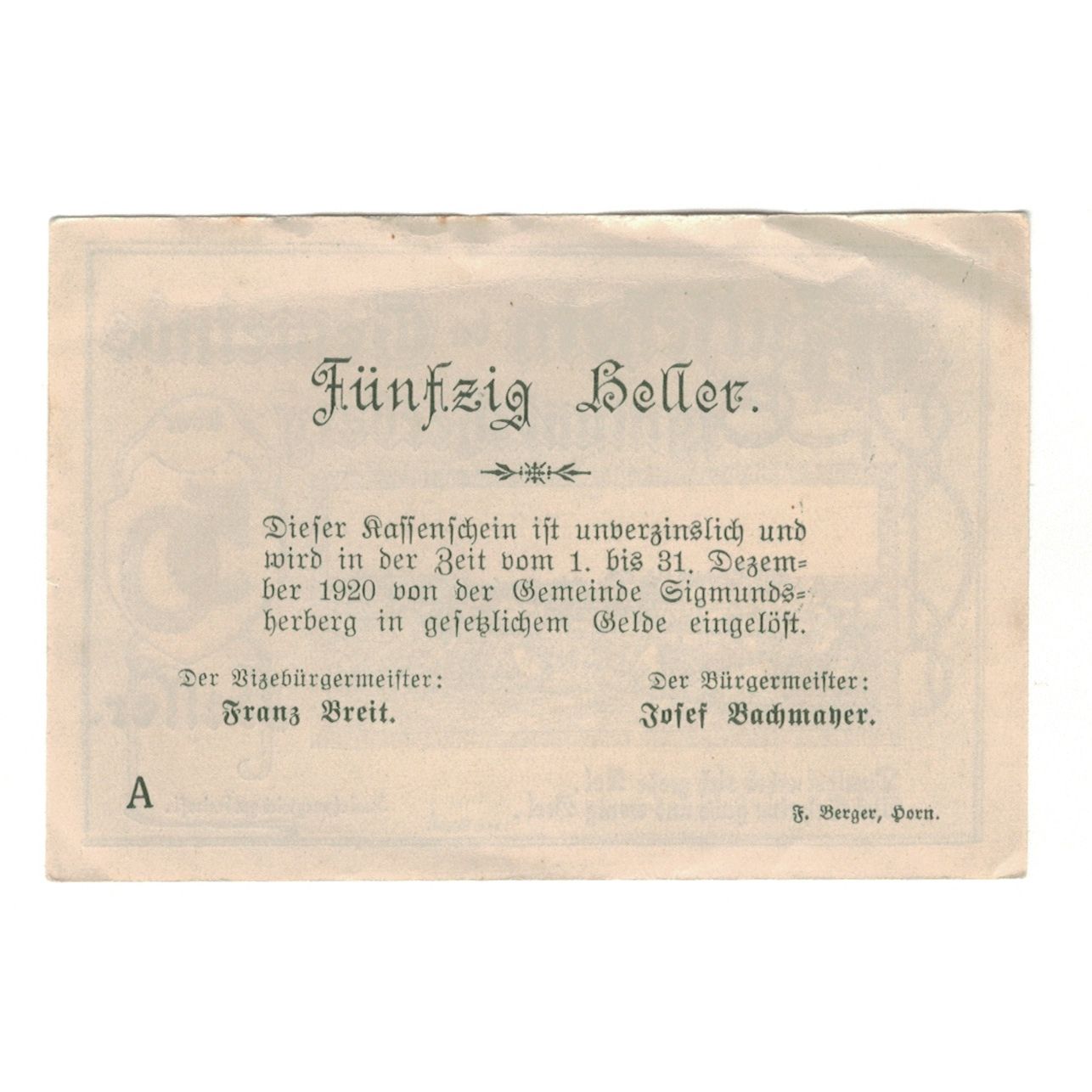 Billete, Austria, Sigmundsherberg N.Ö. Gemeinde, 50 Heller, Texte, 1920