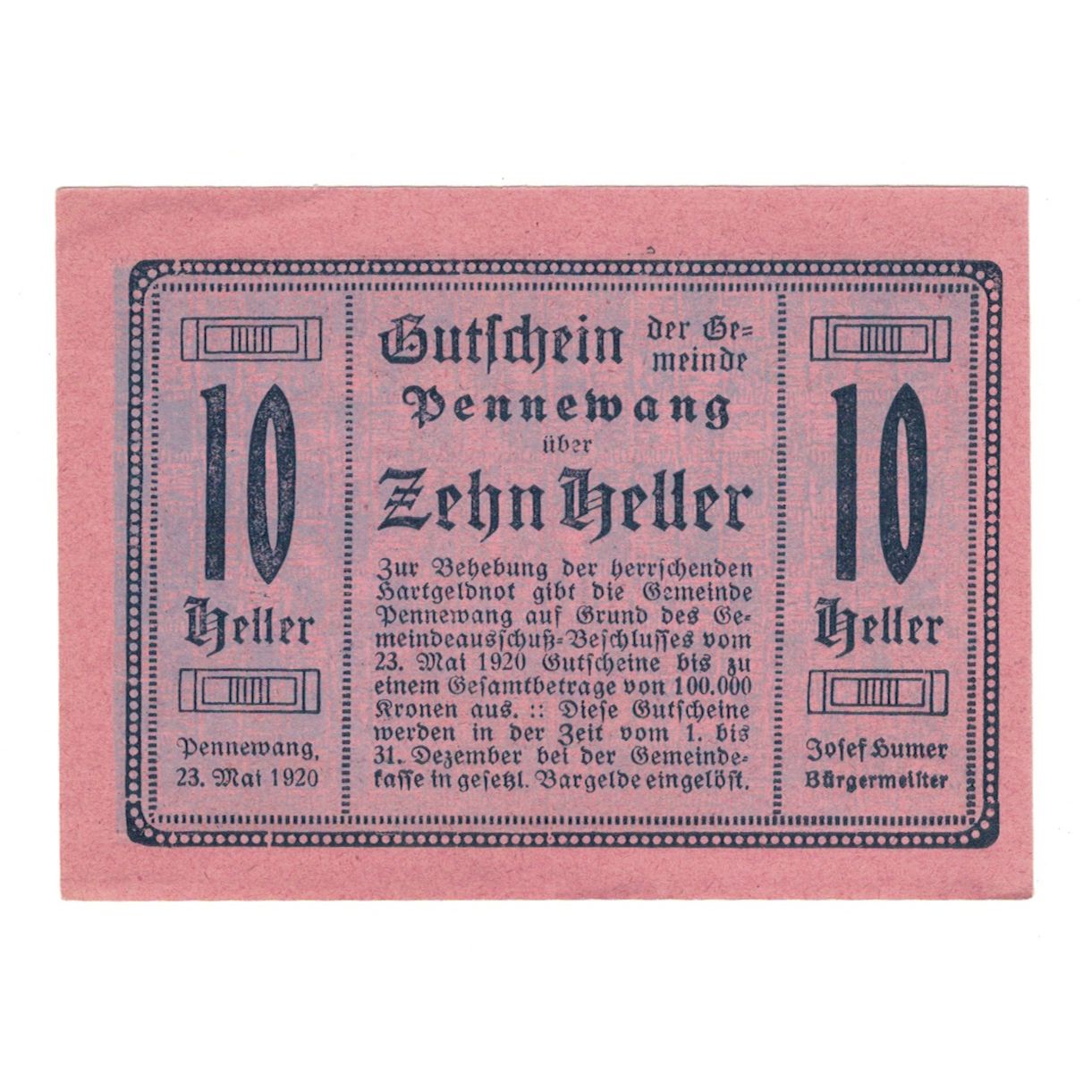 Billete, Austria, Pennewang O.Ö. Gemeinde, 10 Heller, Batiment, 1920