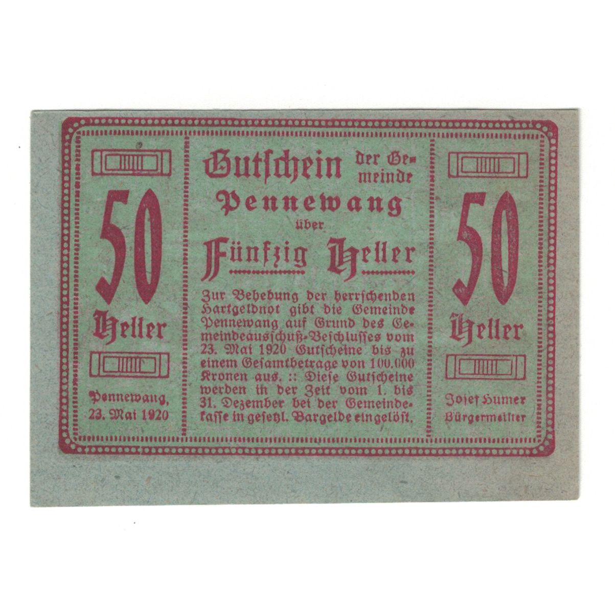 Billete, Austria, Pennewang O.Ö. Gemeinde, 50 Heller, batiment 1, 1920