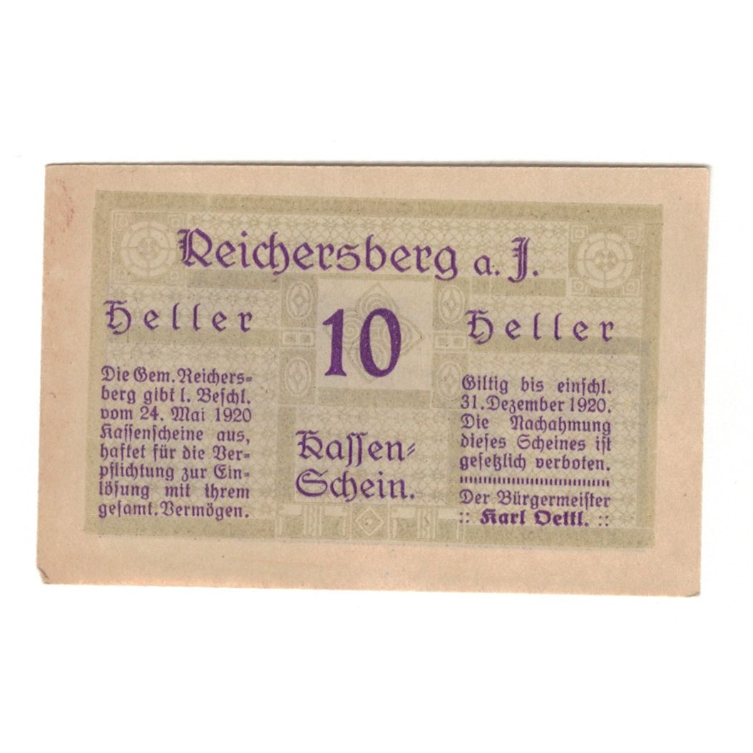 Billete, Austria, Reichersberg O.Ö. Gemeinde, 10 Heller, paysage, 1920