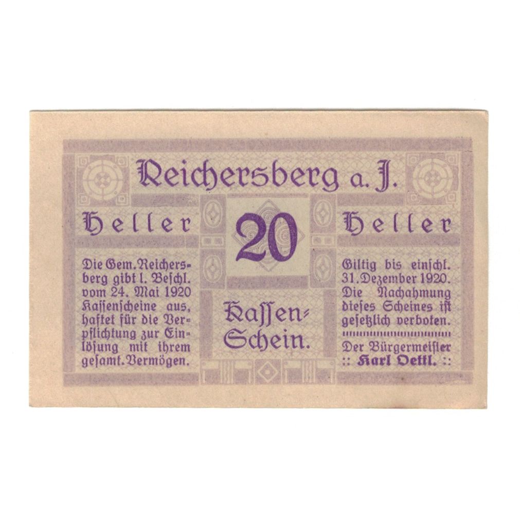 Billete, Austria, Reichersberg O.Ö. Gemeinde, 20 Heller, paysage 1, 1920