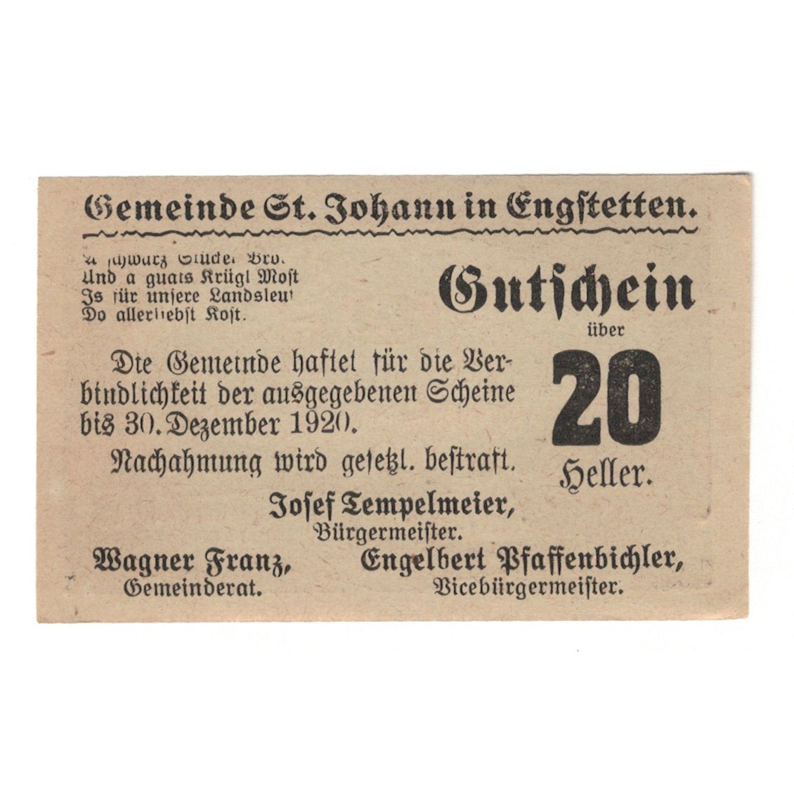 Billete, Austria, St. Johann in Engstetten N.Ö. Gemeinde, 20 Heller, texte 1