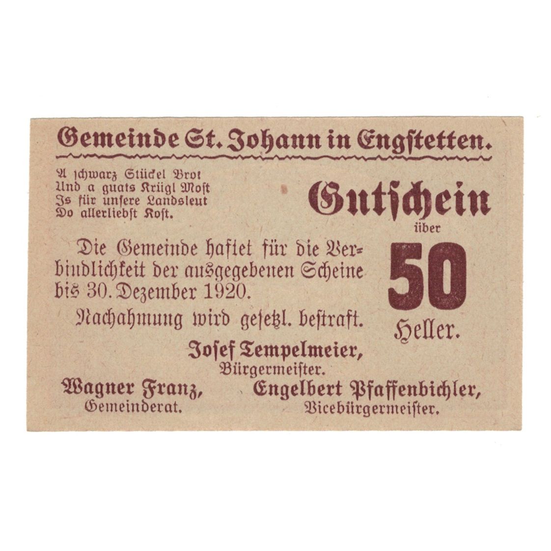 Billete, Austria, St. Johann in Engstetten N.Ö. Gemeinde, 50 Heller, Texte