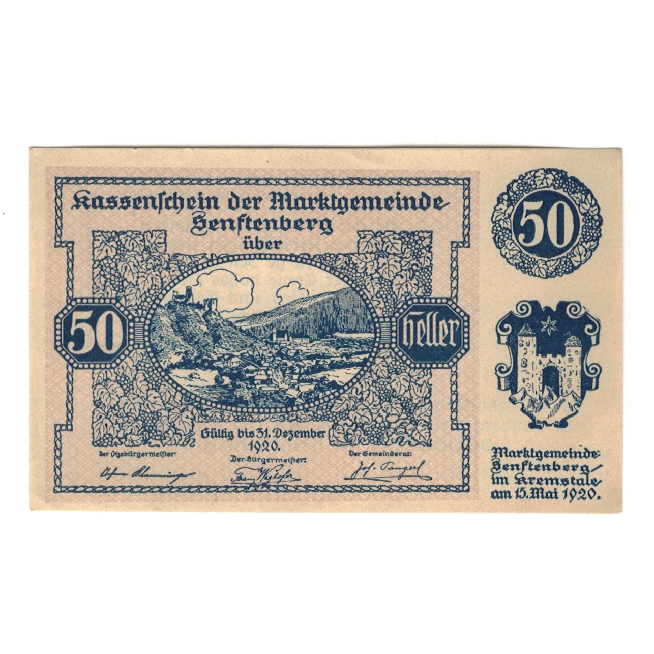Billete, Austria, Senftenberg N.Ö. Gemeinde, 50 Heller, Texte 2, 1920