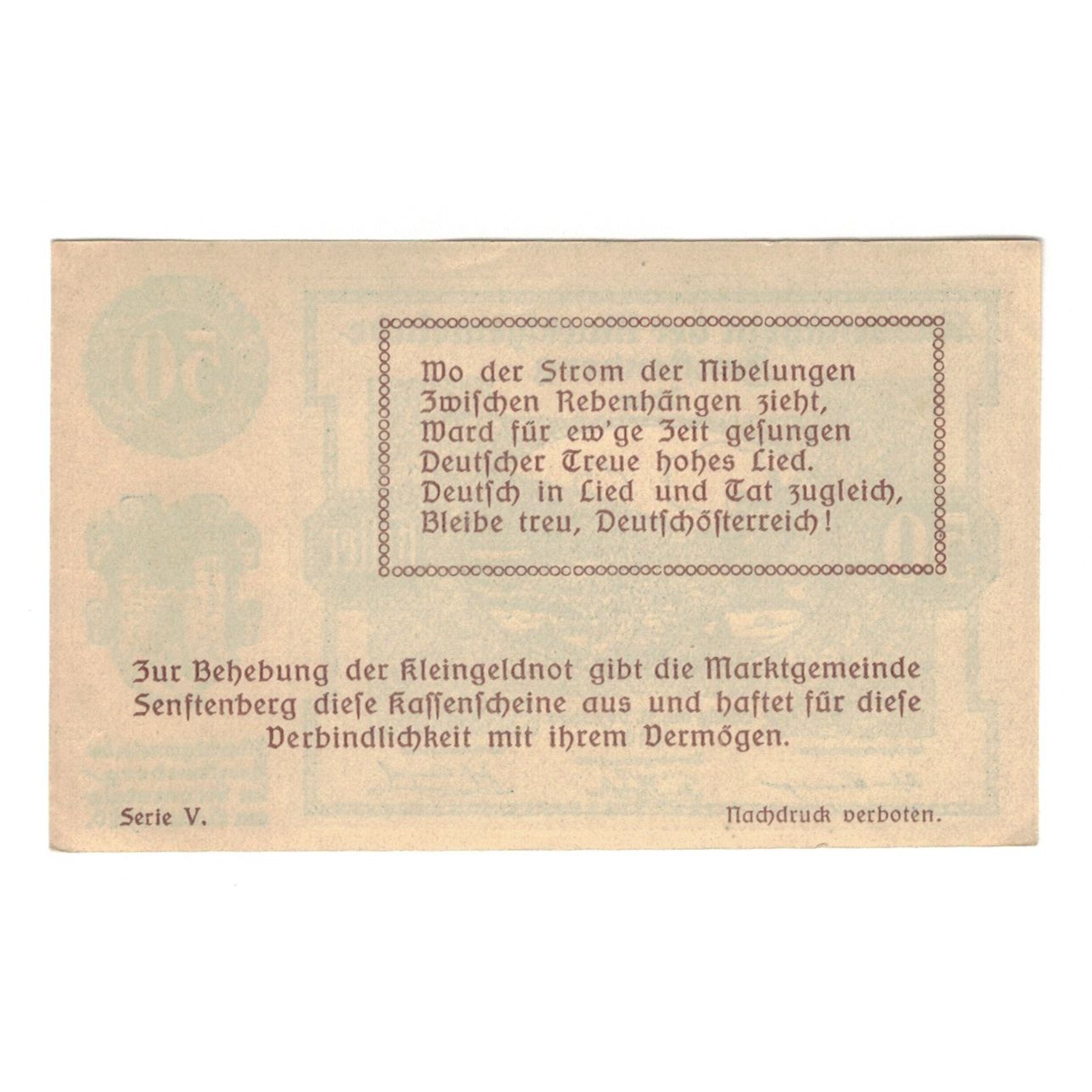 Billete, Austria, Senftenberg N.Ö. Gemeinde, 50 Heller, Texte 2, 1920