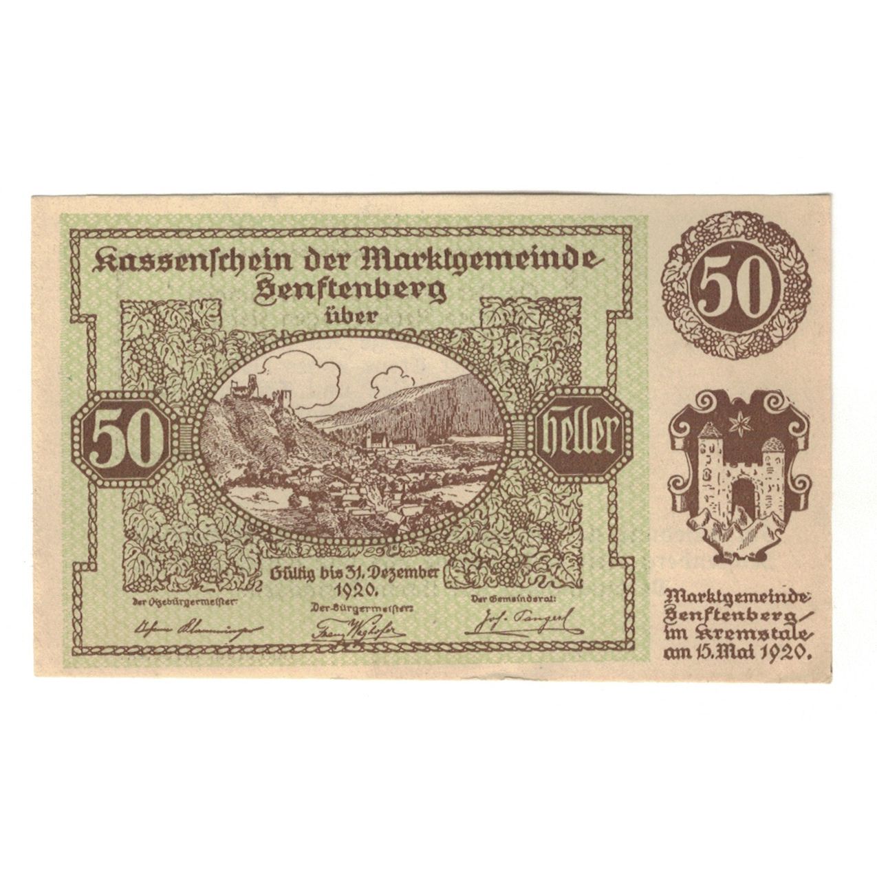 Billete, Austria, Senftenberg N.Ö. Gemeinde, 50 Heller, Texte 3, 1920