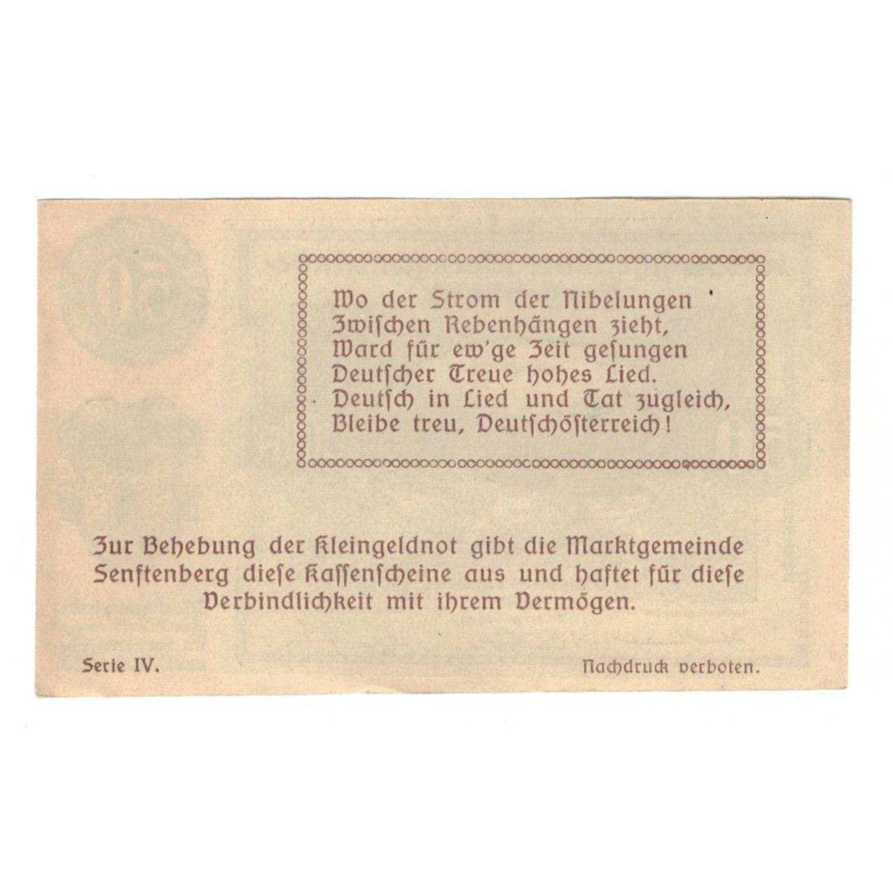 Billete, Austria, Senftenberg N.Ö. Gemeinde, 50 Heller, Texte 3, 1920