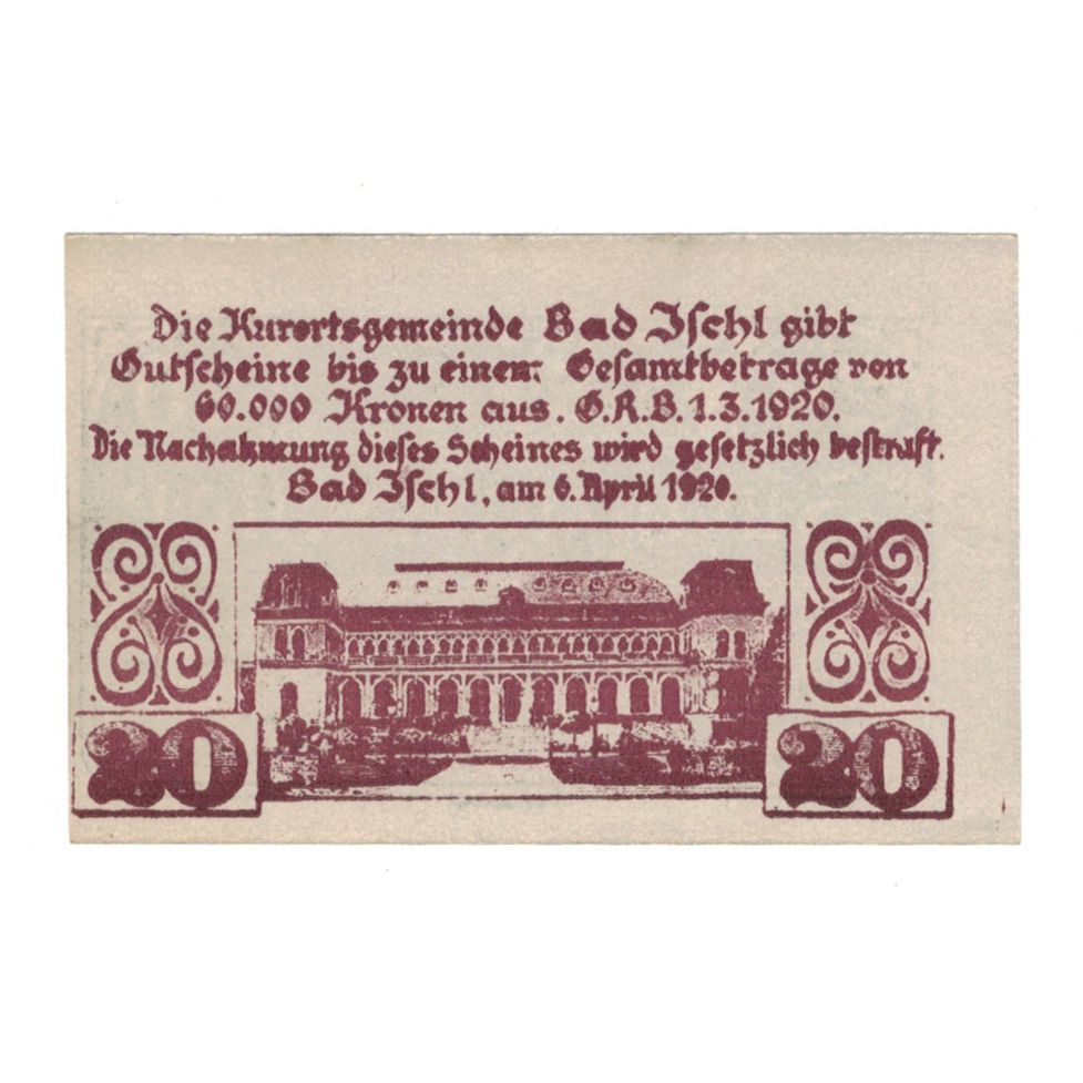 [#323366] Banknote, Austria, Bad Ischl O.Ö. Kurortsgemeinde, 20 Heller, Batiment