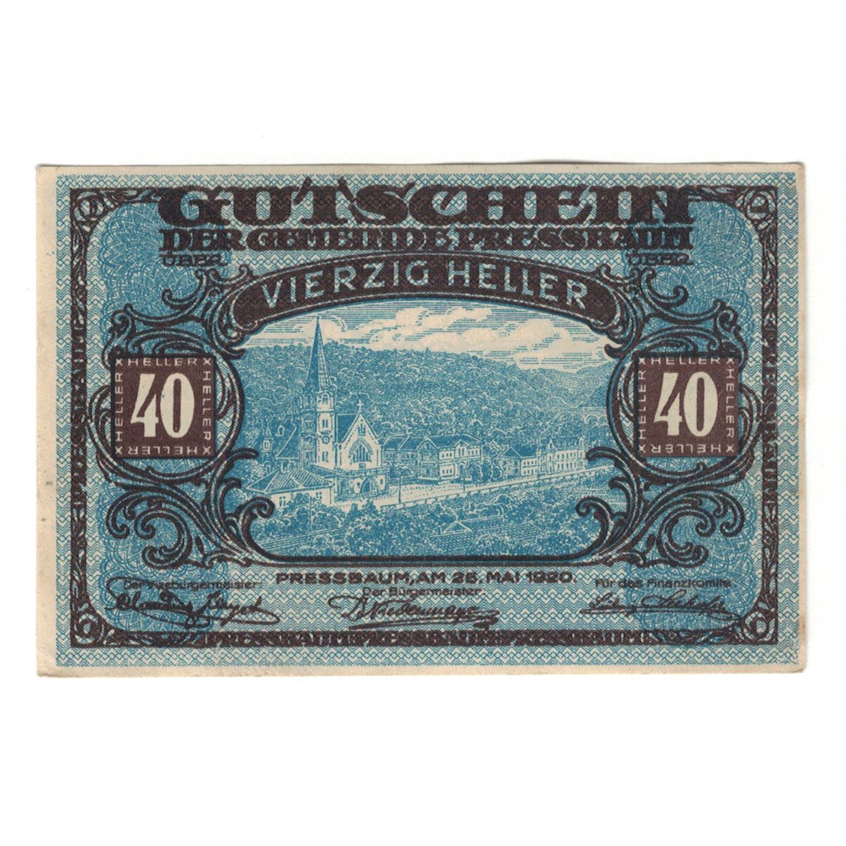 Billete, Austria, Pressbaum N.Ö. Gemeinde, 40 Heller, Texte, 1921, 1921-07-31