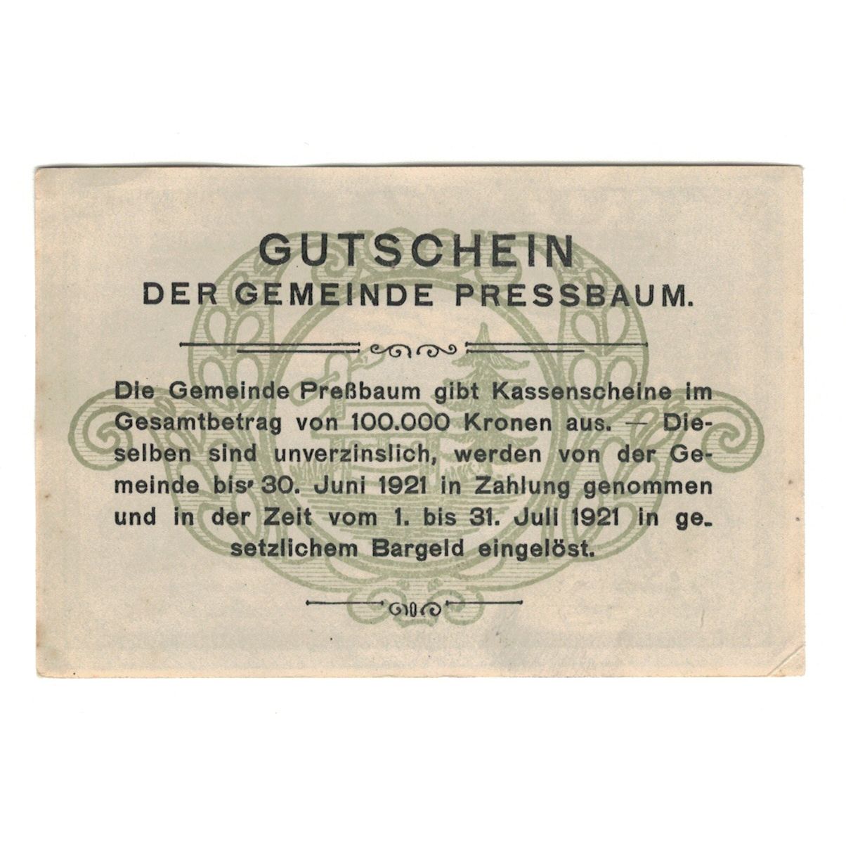 Billete, Austria, Pressbaum N.Ö. Gemeinde, 40 Heller, Texte, 1921, 1921-07-31