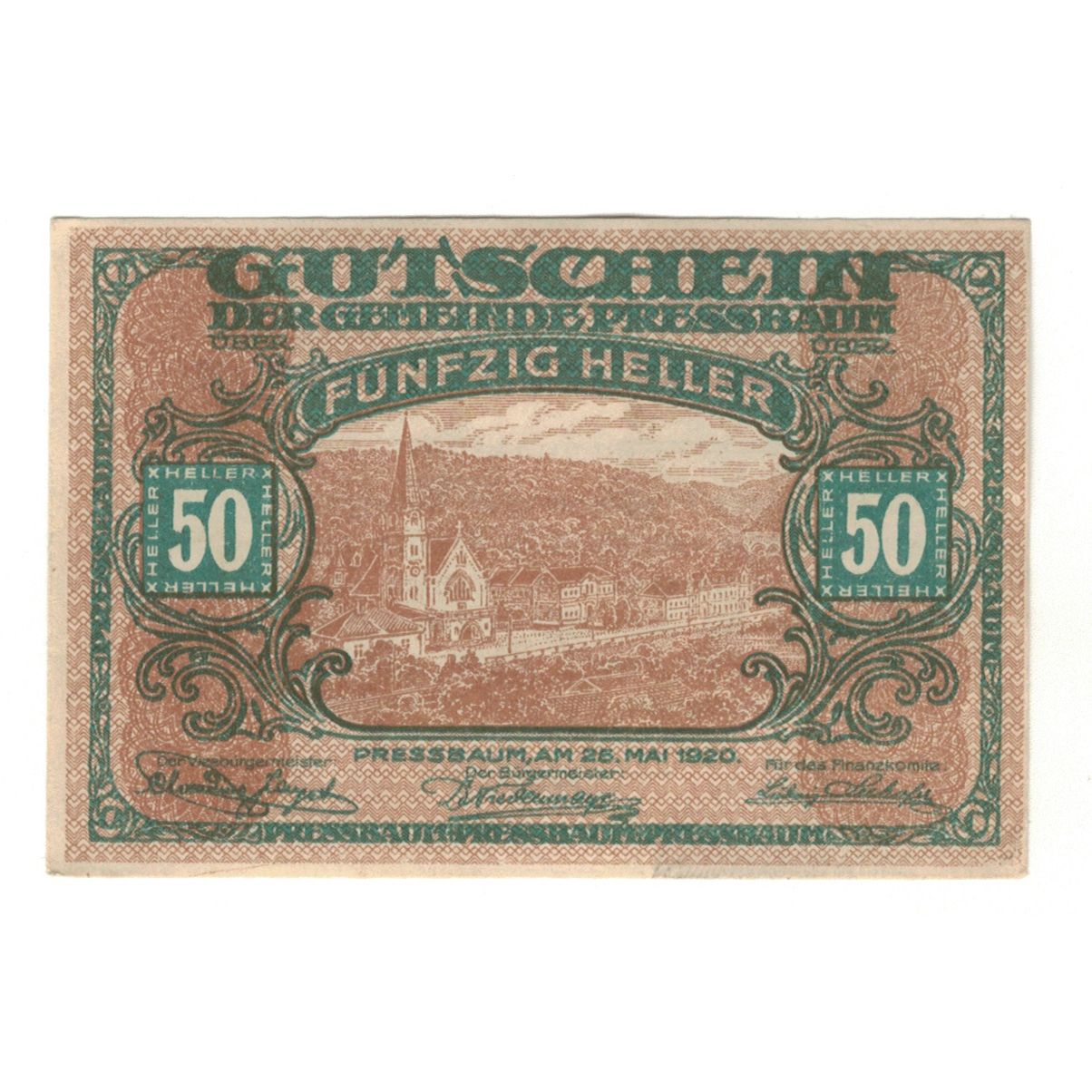 Billete, Austria, Pressbaum N.Ö. Gemeinde, 50 Heller, Texte, 1921, 1921-07-31