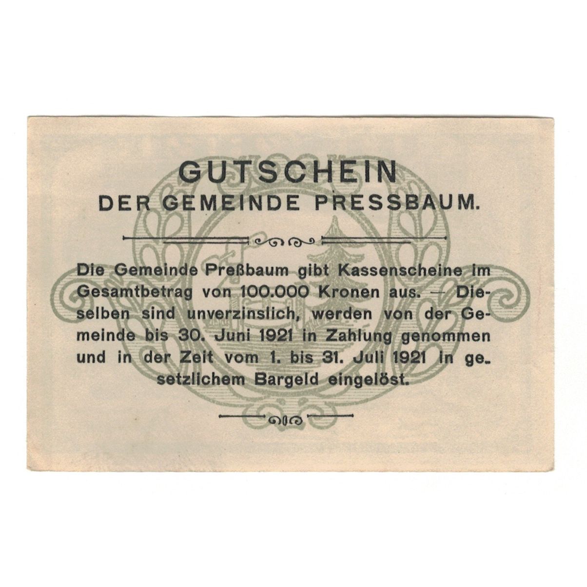 Billete, Austria, Pressbaum N.Ö. Gemeinde, 50 Heller, Texte, 1921, 1921-07-31