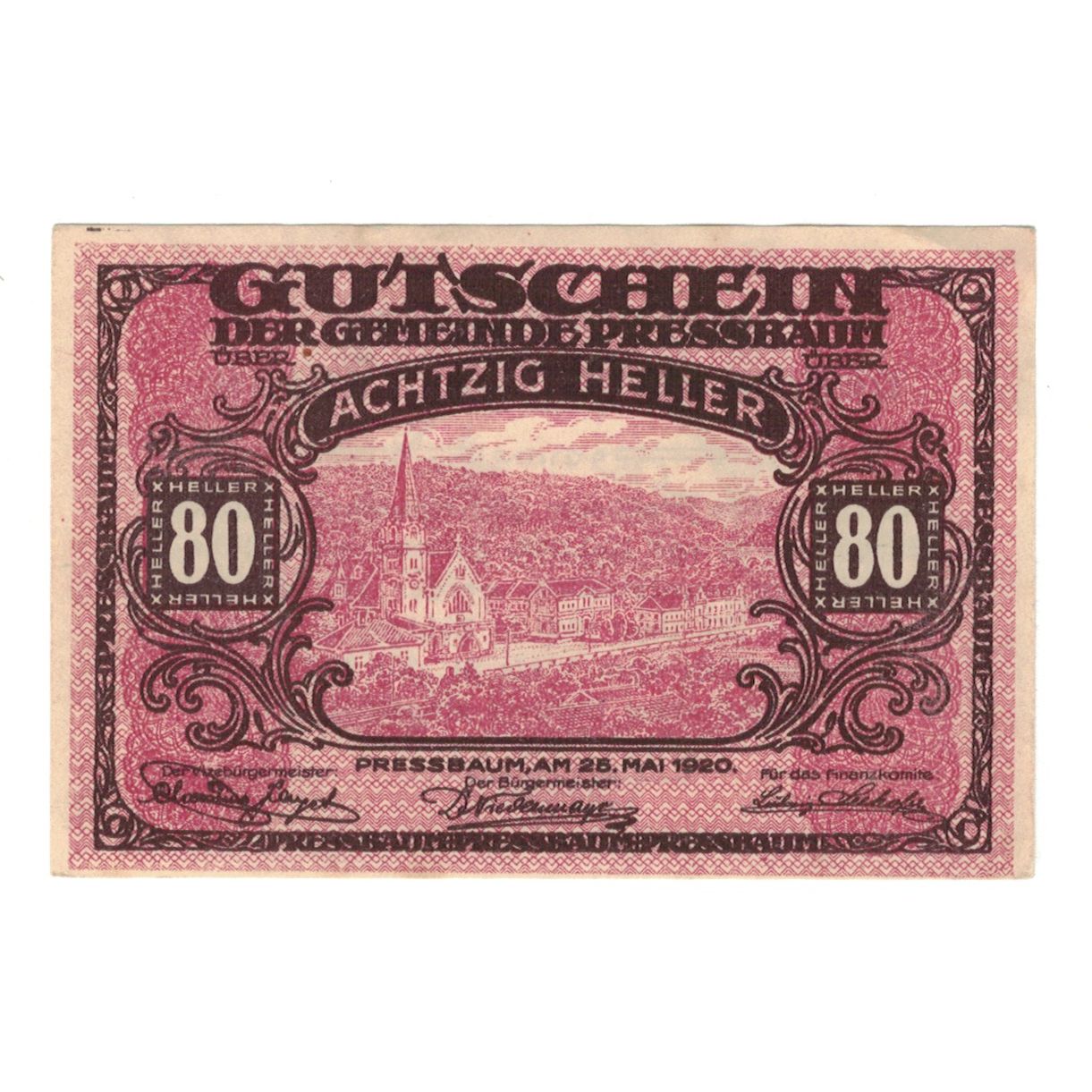 Billete, Austria, Pressbaum N.Ö. Gemeinde, 80 Heller, Texte, 1921, 1921-07-31
