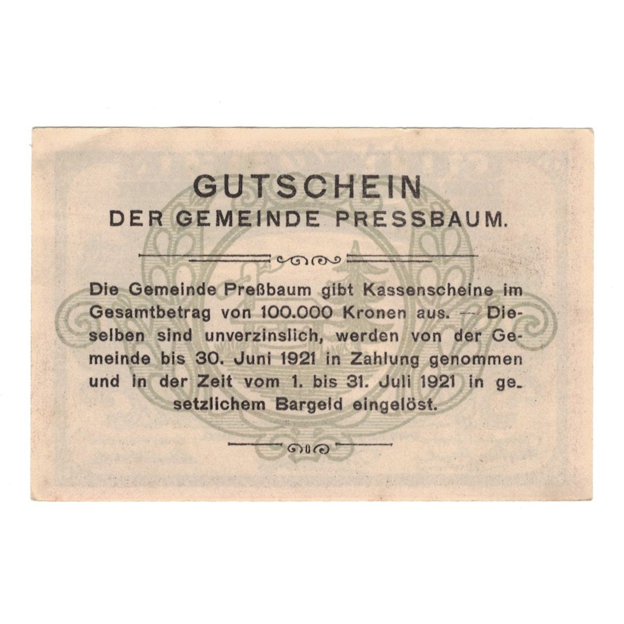 Billete, Austria, Pressbaum N.Ö. Gemeinde, 80 Heller, Texte, 1921, 1921-07-31