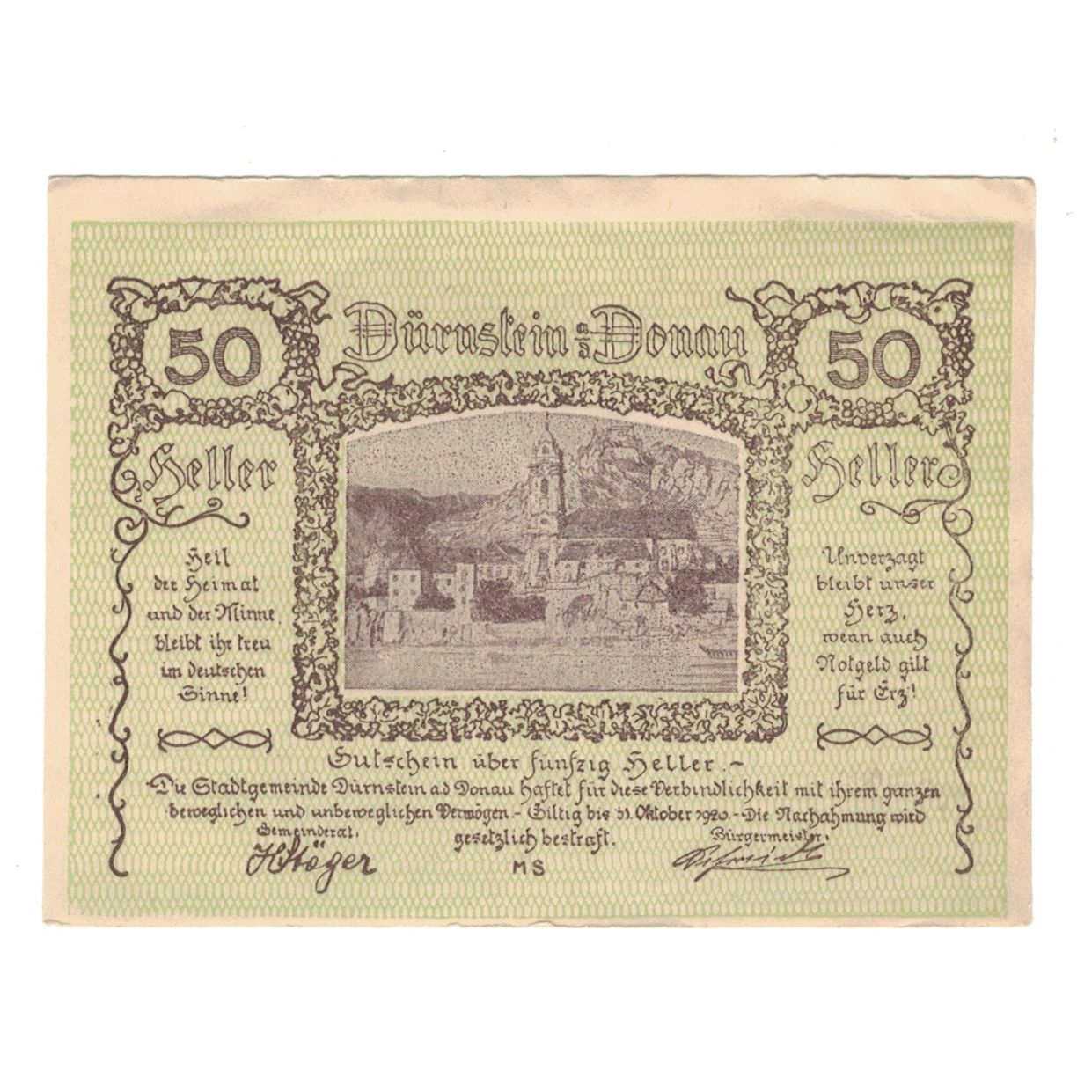 Billete, Austria, Dürnstein N.Ö. Stadtgemeinde, 50 Heller, N.D, 1920