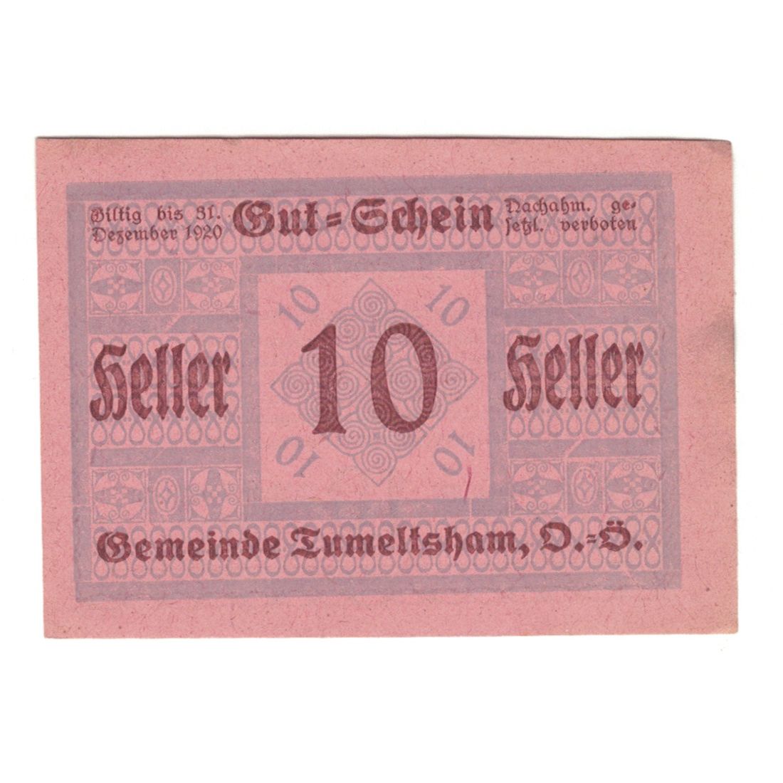 Billete, Austria, Tumeltsham O.Ö. Gemeinde, 10 Heller, Texte, 1920, 1920-12-31