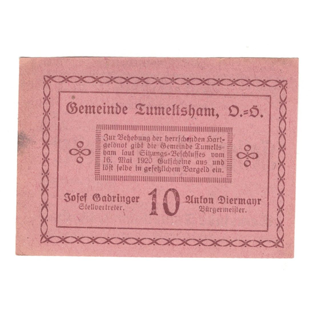 Billete, Austria, Tumeltsham O.Ö. Gemeinde, 10 Heller, Texte, 1920, 1920-12-31