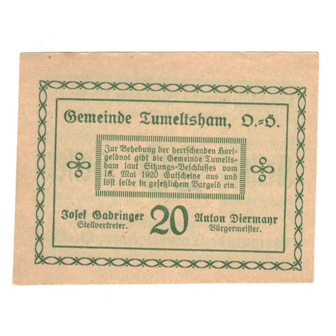 Billete, Austria, Tumeltsham O.Ö. Gemeinde, 20 Heller, texte 1, 1920