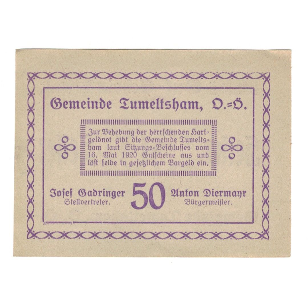 Billete, Austria, Tumeltsham O.Ö. Gemeinde, 50 Heller, Texte, 1920, 1920-12-31