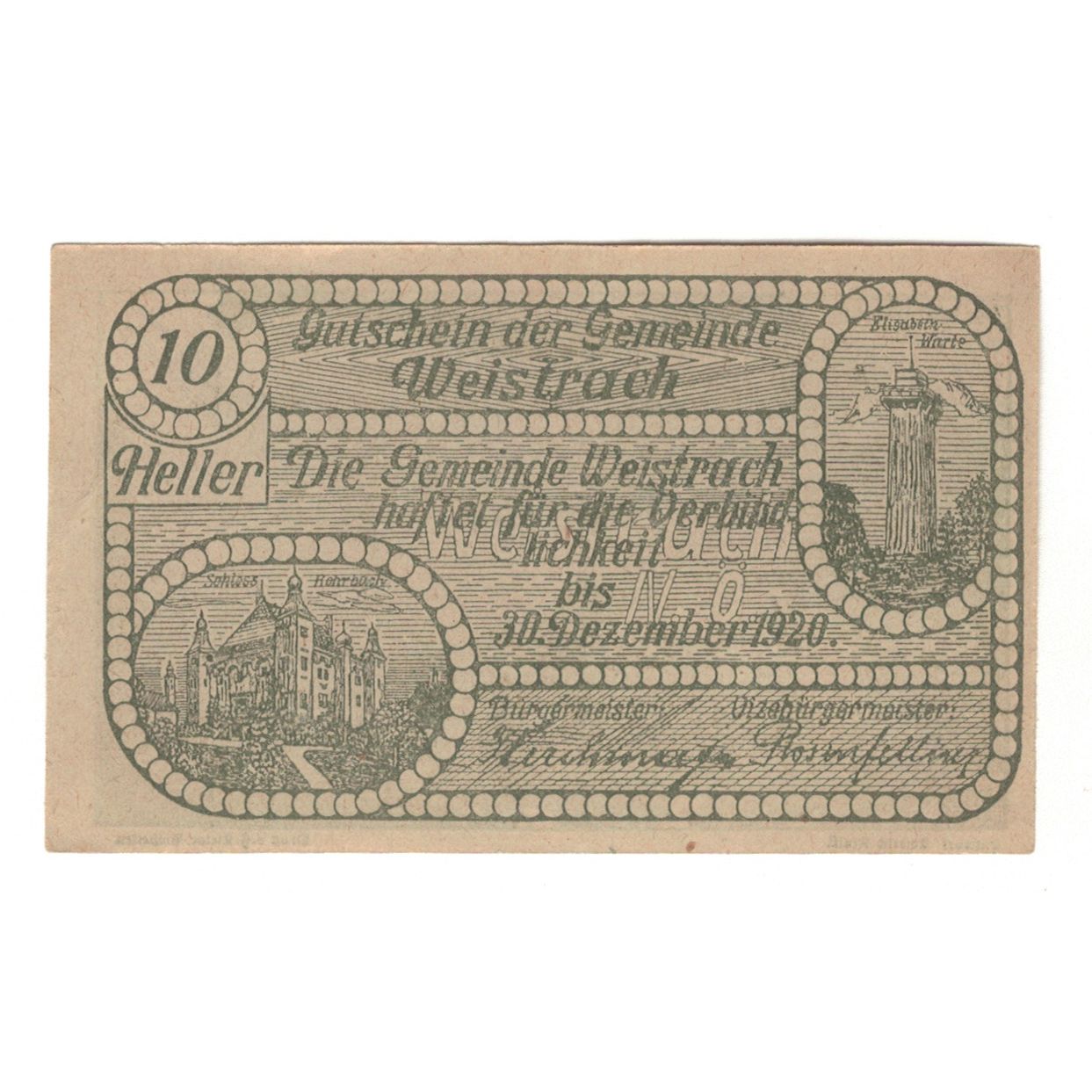 Billete, Austria, Weistrach N.Ö. Gemeinde, 10 Heller, texte 1, 1920