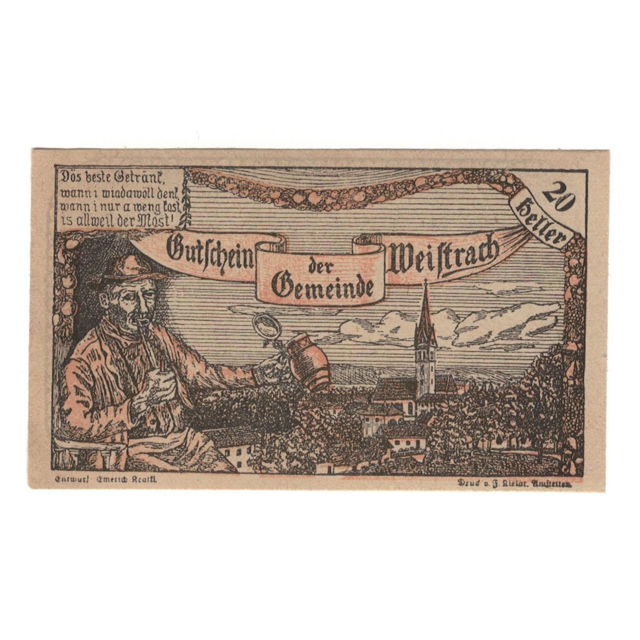 Billete, Austria, Weistrach N.Ö. Gemeinde, 20 Heller, texte 1, 1920
