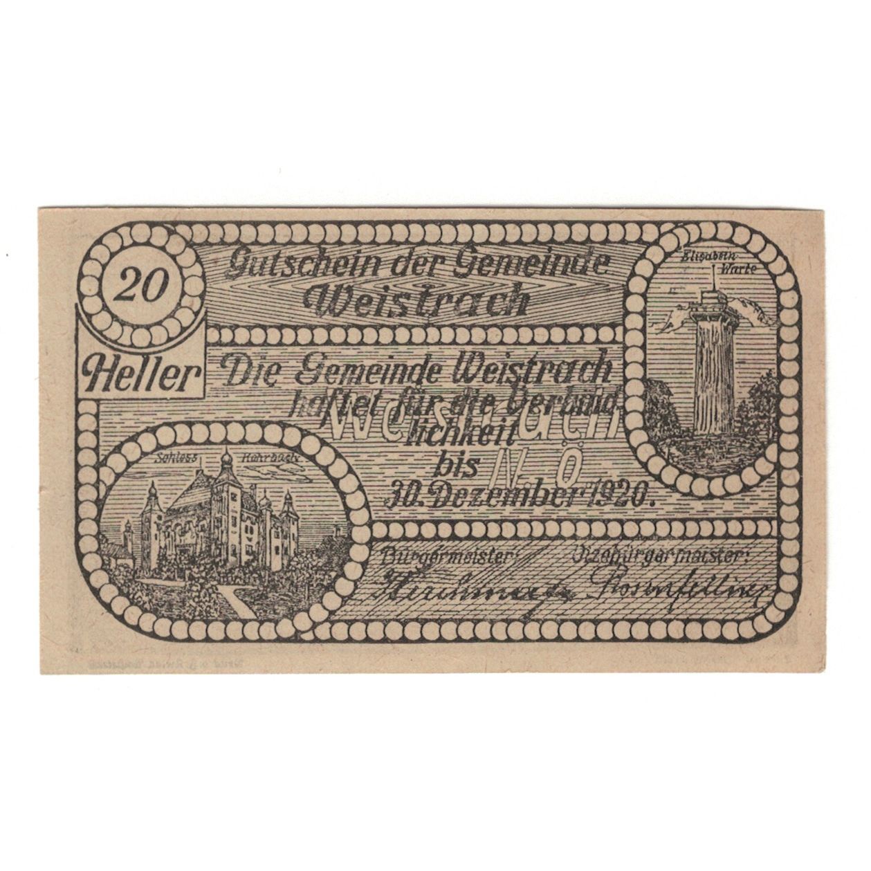 Billete, Austria, Weistrach N.Ö. Gemeinde, 20 Heller, texte 1, 1920