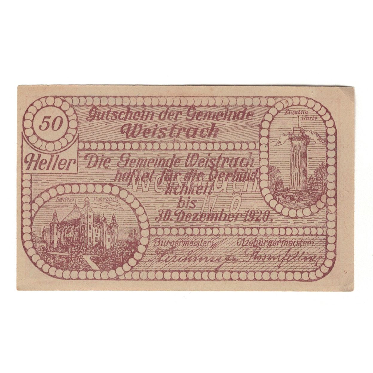 Billete, Austria, Weistrach N.Ö. Gemeinde, 50 Heller, Texte, 1920, 1920-12-30
