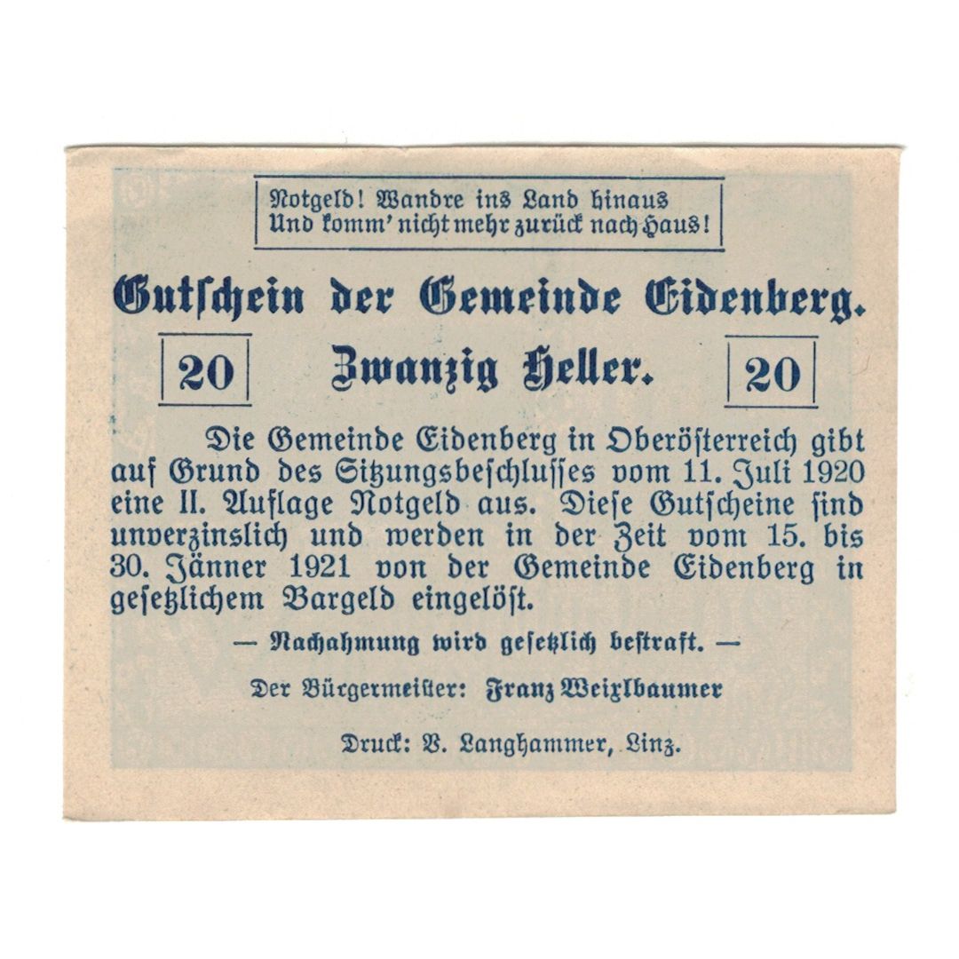 Billete, Austria, Eidenberg O.Ö. Gemeinde, 20 Heller, Texte, 1921, 1921-01-31