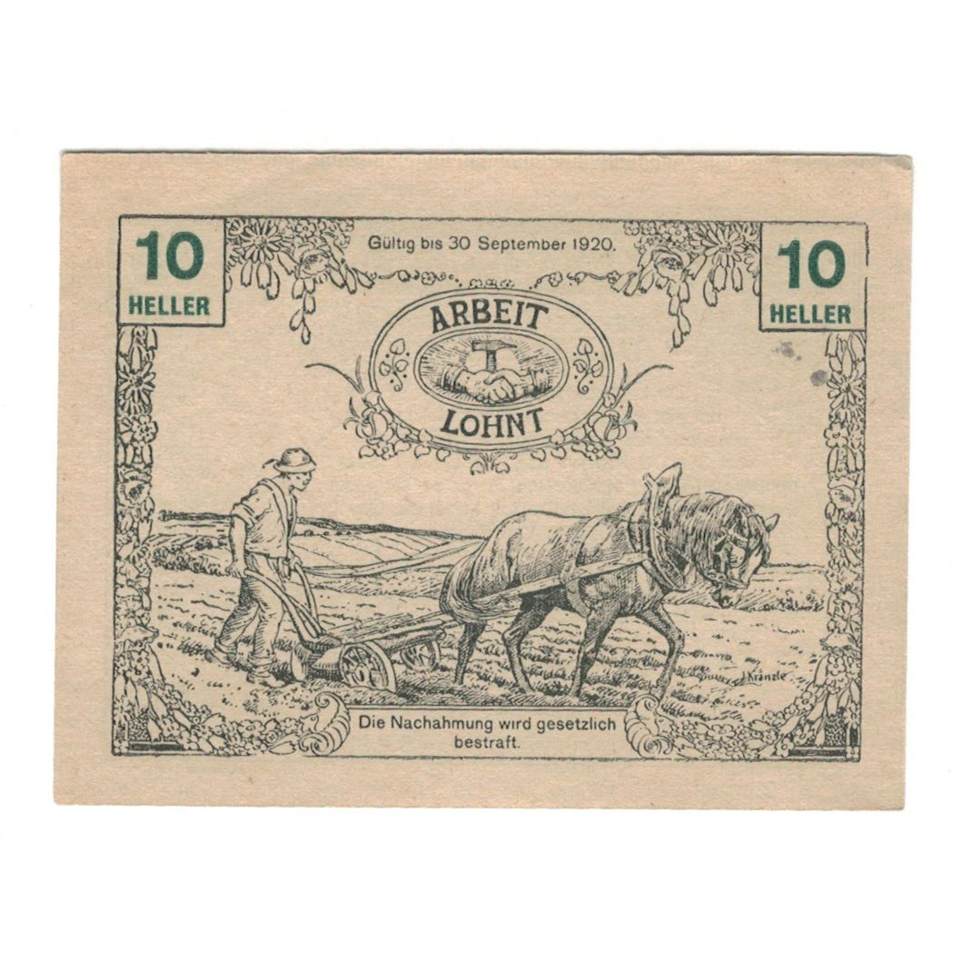 Billete, Austria, Tausendblum N.Ö. Gemeinde, 10 Heller, paysan, 1920