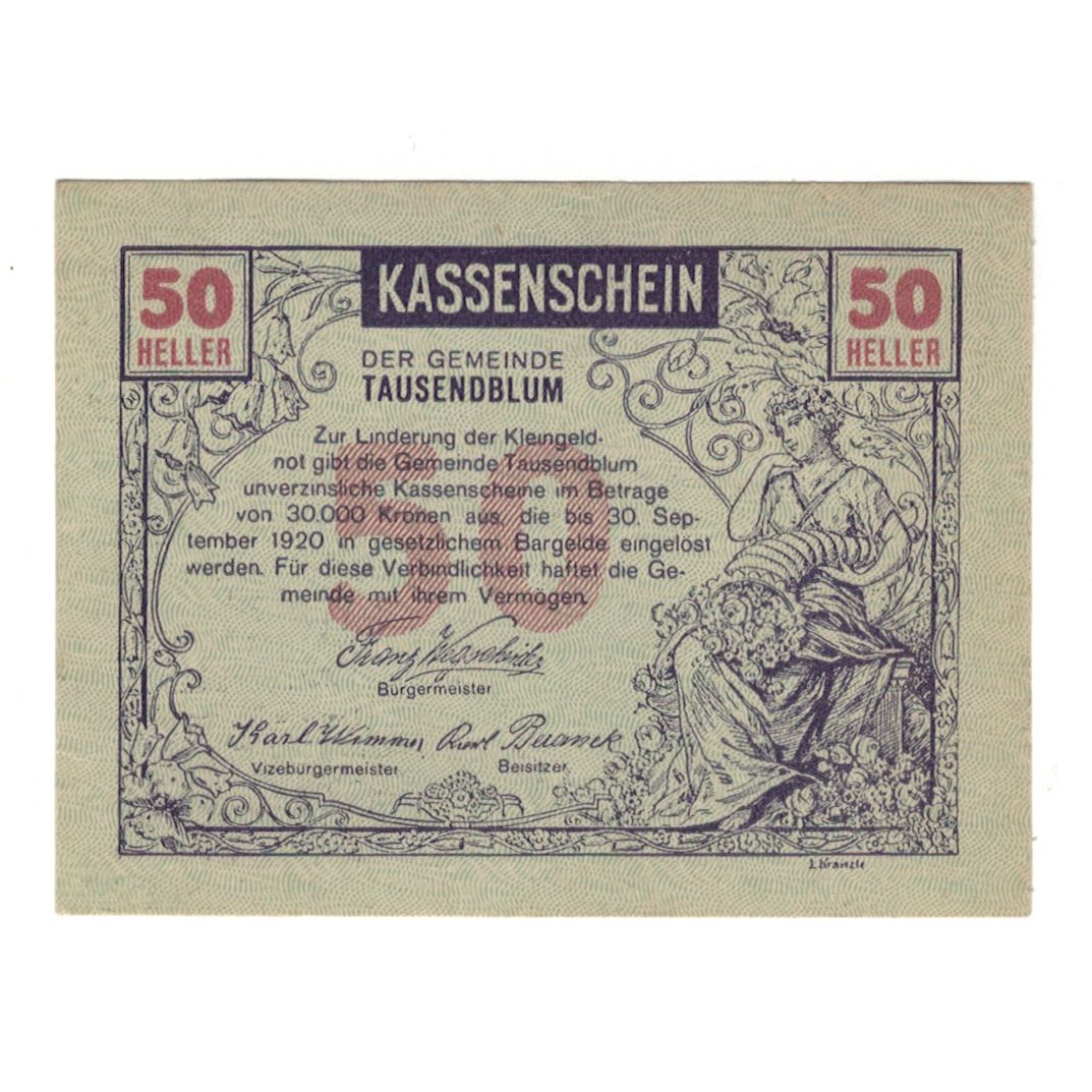 Billete, Austria, Tausendblum N.Ö. Gemeinde, 50 Heller, paysan, 1920
