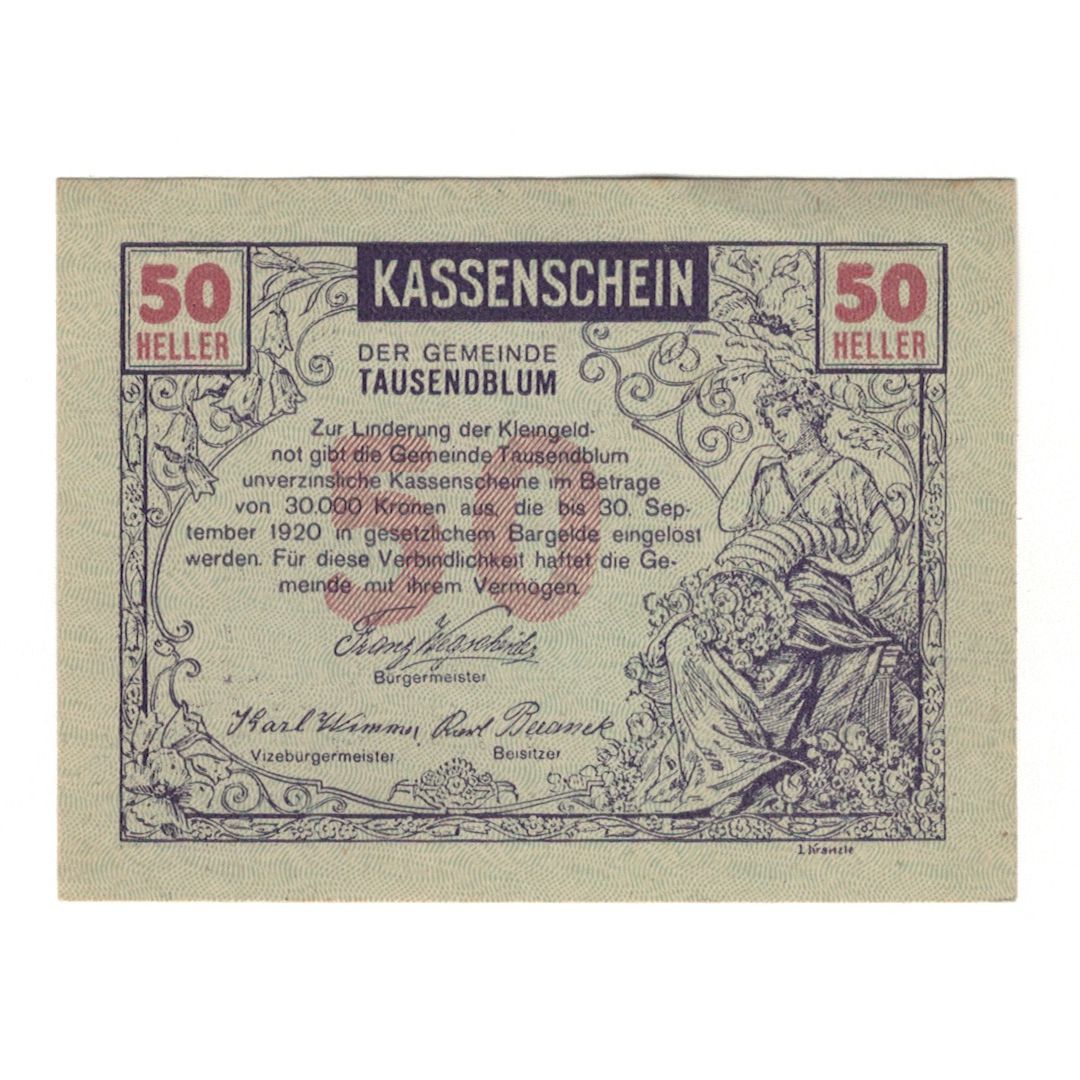 Billete, Austria, Tausendblum N.Ö. Gemeinde, 50 Heller, Paysan 1, 1920