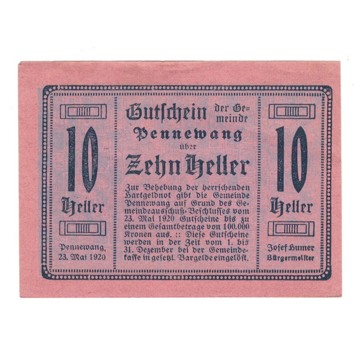 Billete, Austria, Pennewang O.Ö. Gemeinde, 10 Heller, Batiment, 1920