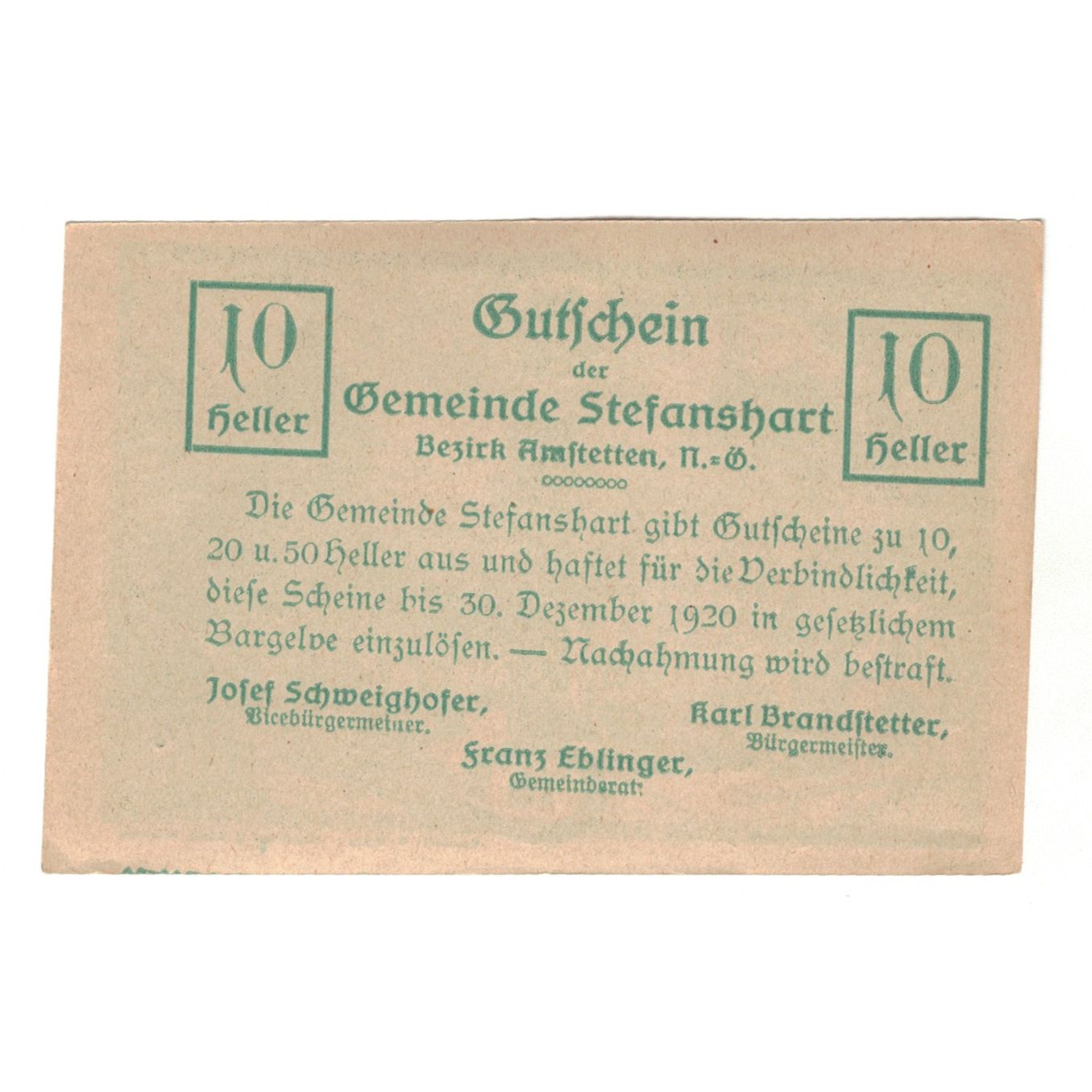 Billete, Austria, Stefanshart Bezirk Amstetten N.Ö. Gemeinde, 10 Heller, texte