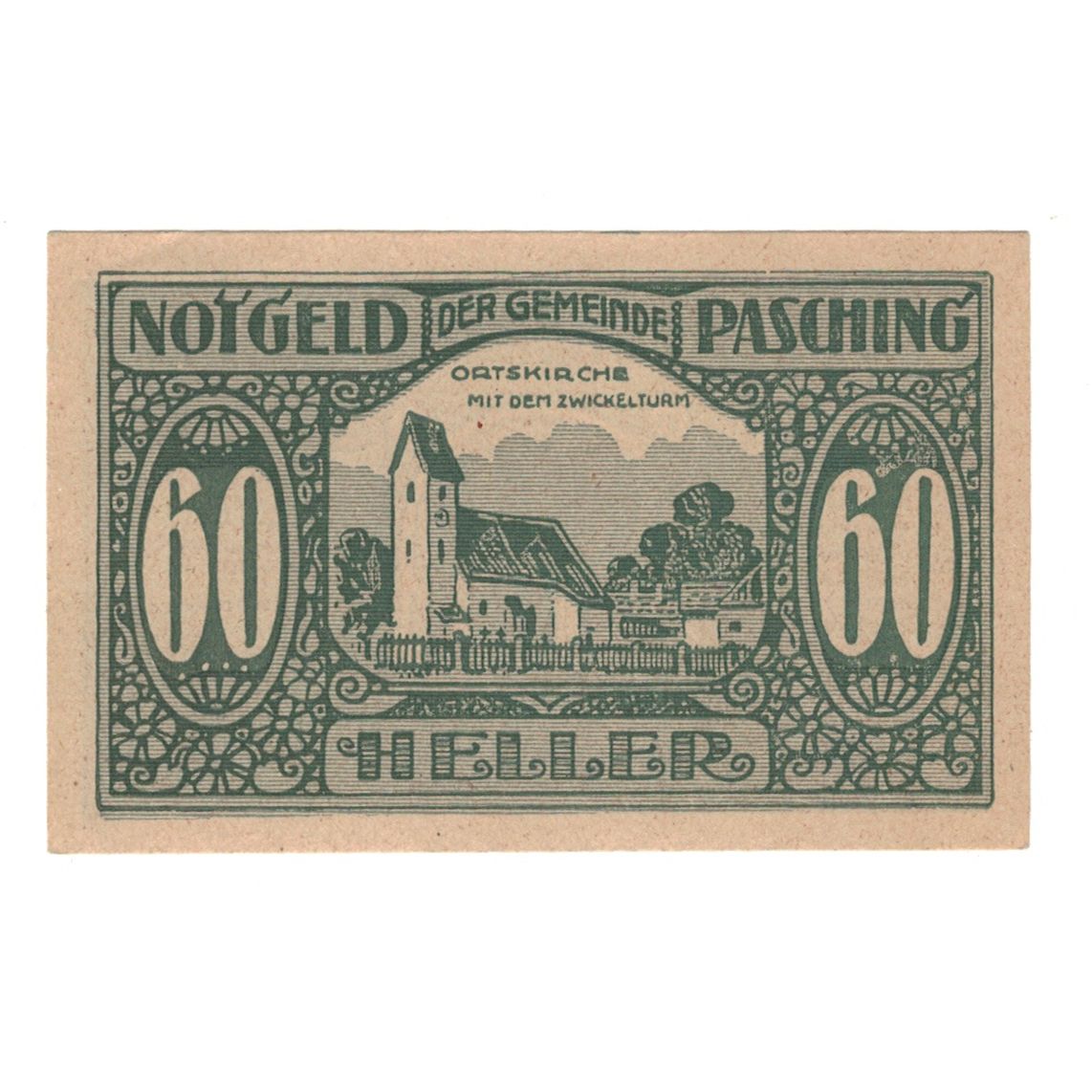 Billete, Austria, Pasching O.Ö. Gemeinde, 60 Heller, Batiment, 1920