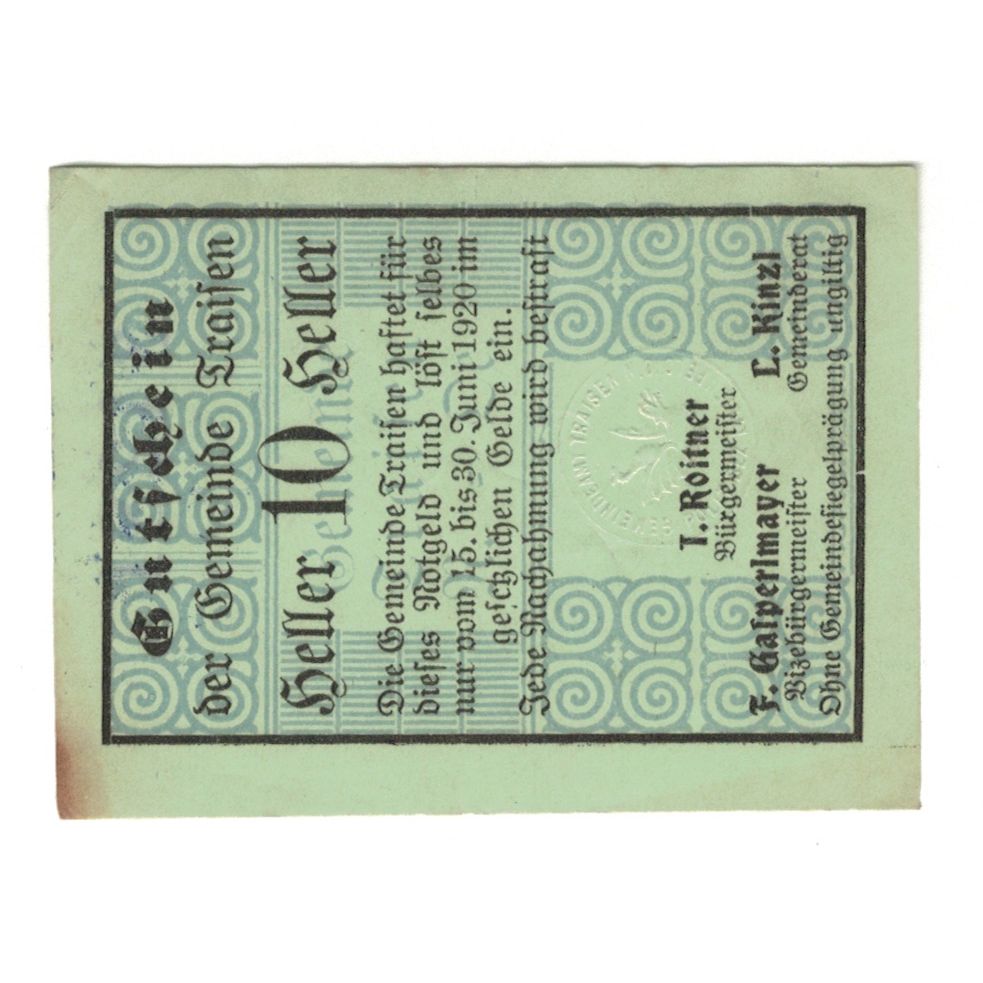 Billete, Austria, Traisen N.Ö. Gemeinde, 10 Heller, N.D, 1920, 1920-06-30