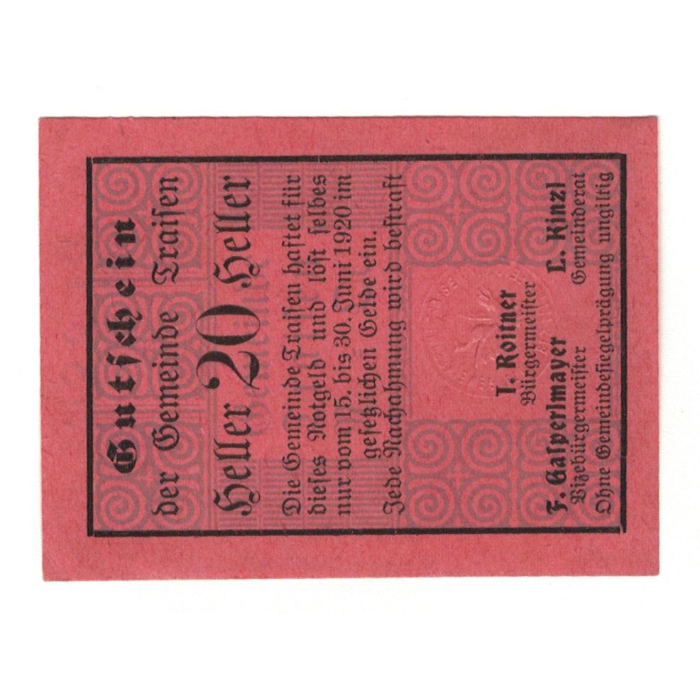 Billete, Austria, Traisen N.Ö. Gemeinde, 20 Heller, N.D, 1920, 1920-06-30, EBC