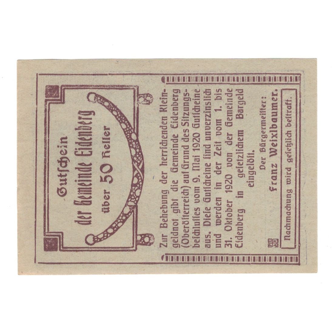 Billete, Austria, Eidenberg O.Ö. Gemeinde, 50 Heller, Texte, 1920, 1920-10-31