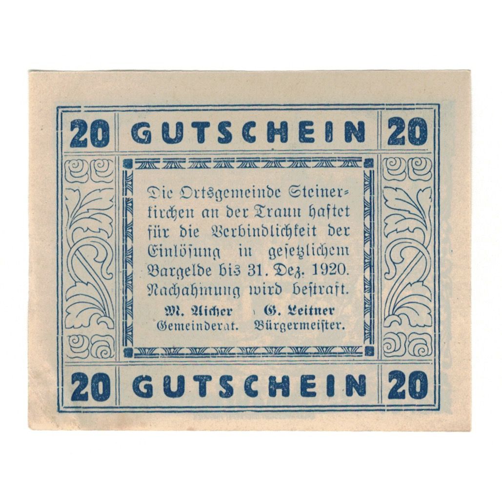 Billete, Austria, Steinerkirchen An Der Traun Ortsgemeinde, 20 Heller, Texte