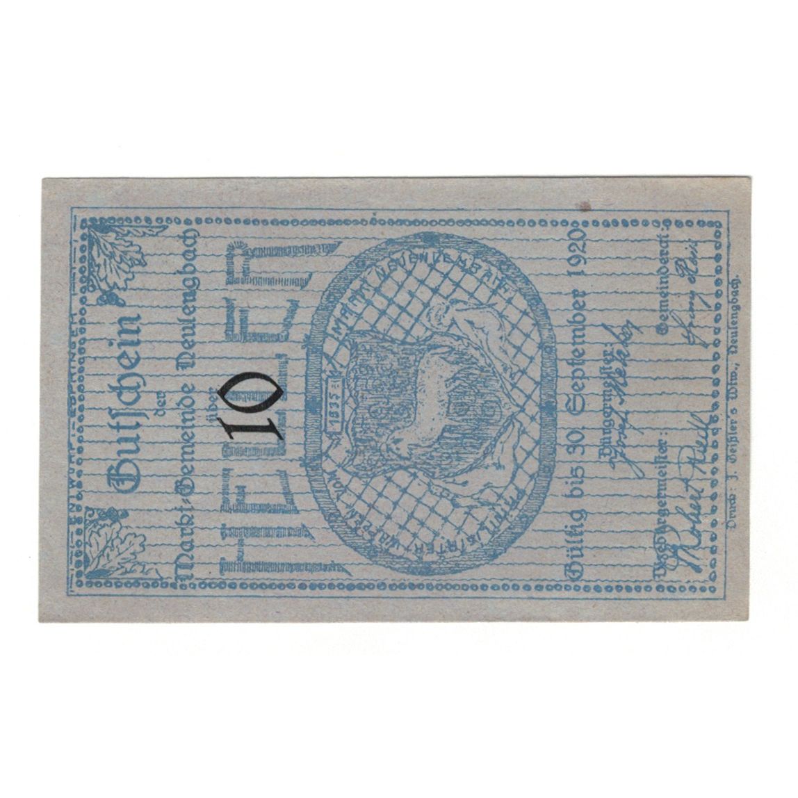 Billete, Austria, Neulengbach N.Ö. Marktgemeinde, 10 Heller, batiment 1, 1920