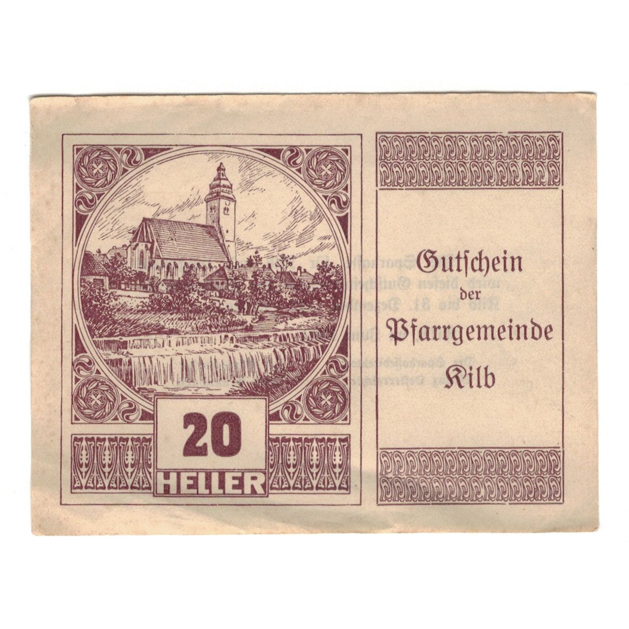 Billete, Austria, Kilb N.Ö. Prv. Pfarrgemeinde, 20 Heller, Texte, 1920