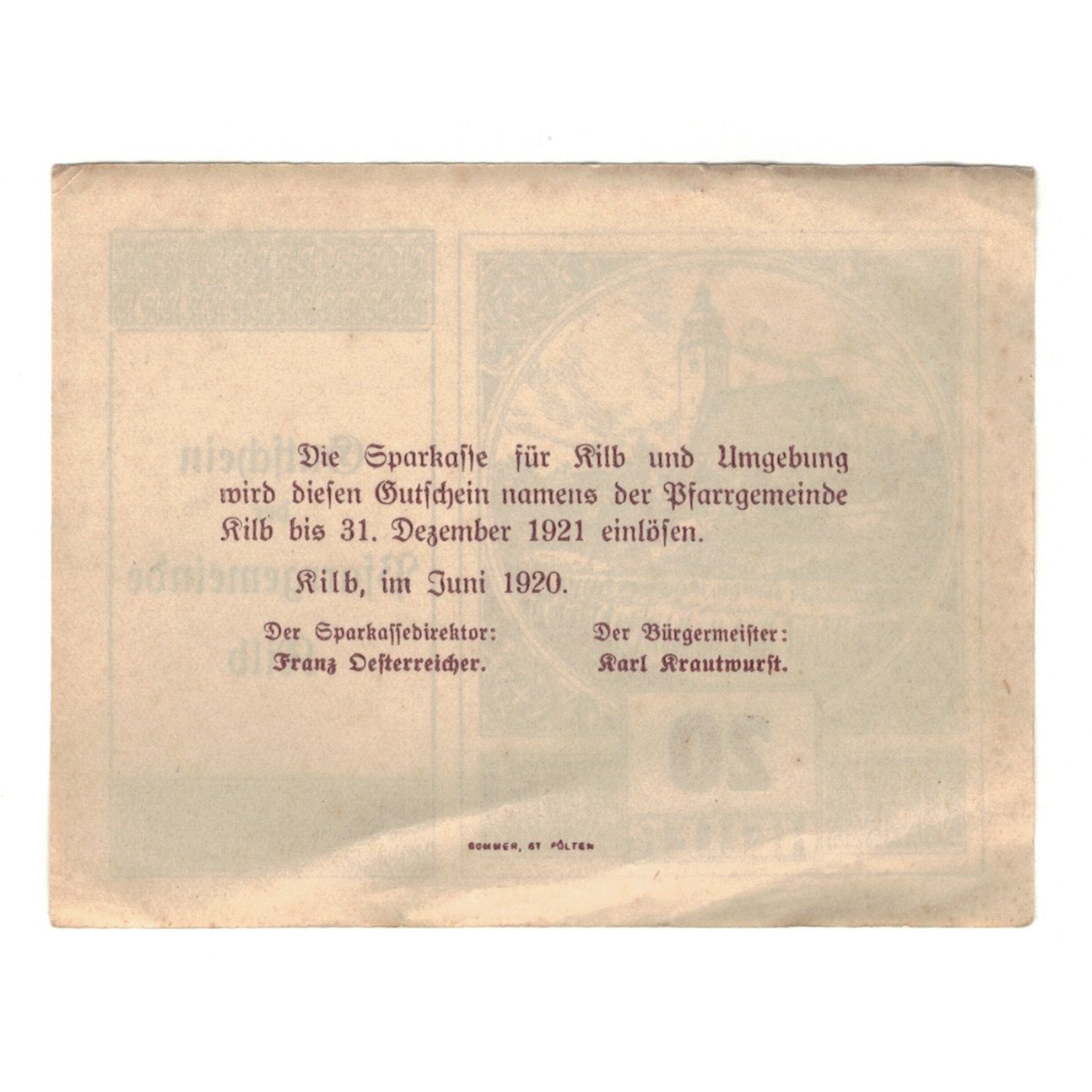 Billete, Austria, Kilb N.Ö. Prv. Pfarrgemeinde, 20 Heller, Texte, 1920